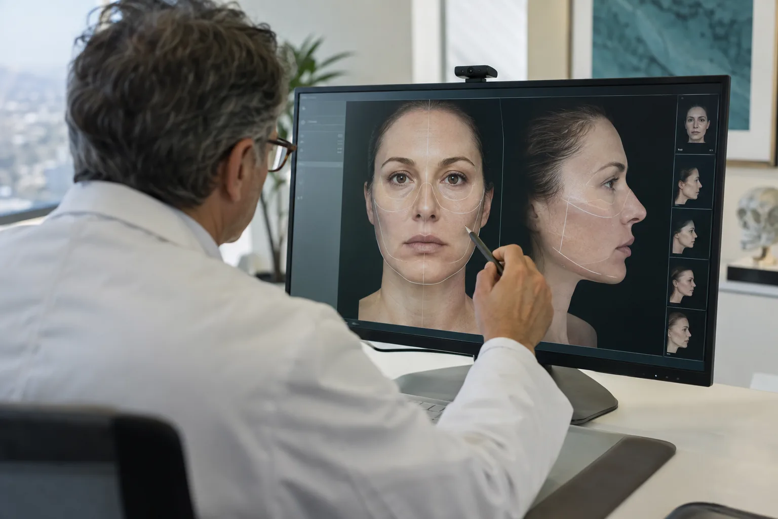 A doctor reviewing facial surgery planning on a screen
