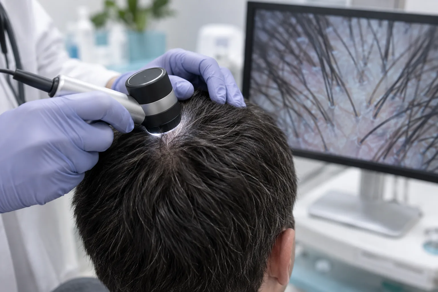 Magnified examination of the scalp