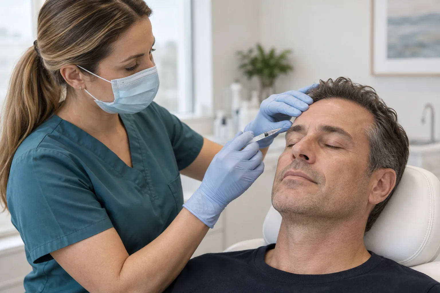 A male patient receiving an injection treatment in the forehead area