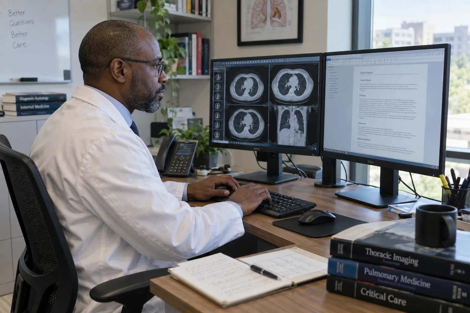 A doctor reviewing scans and preparing a written opinion