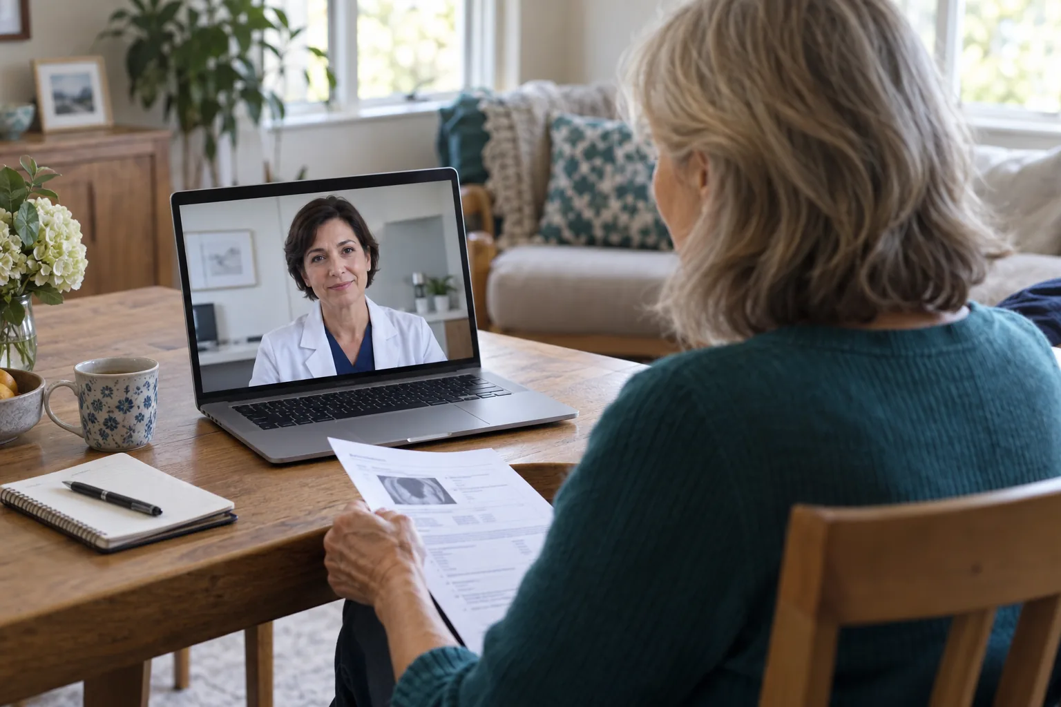 A patient having an online second-opinion consultation from home