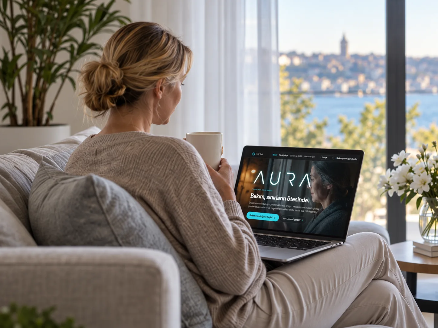 An adult viewing the AURA homepage on a laptop at home